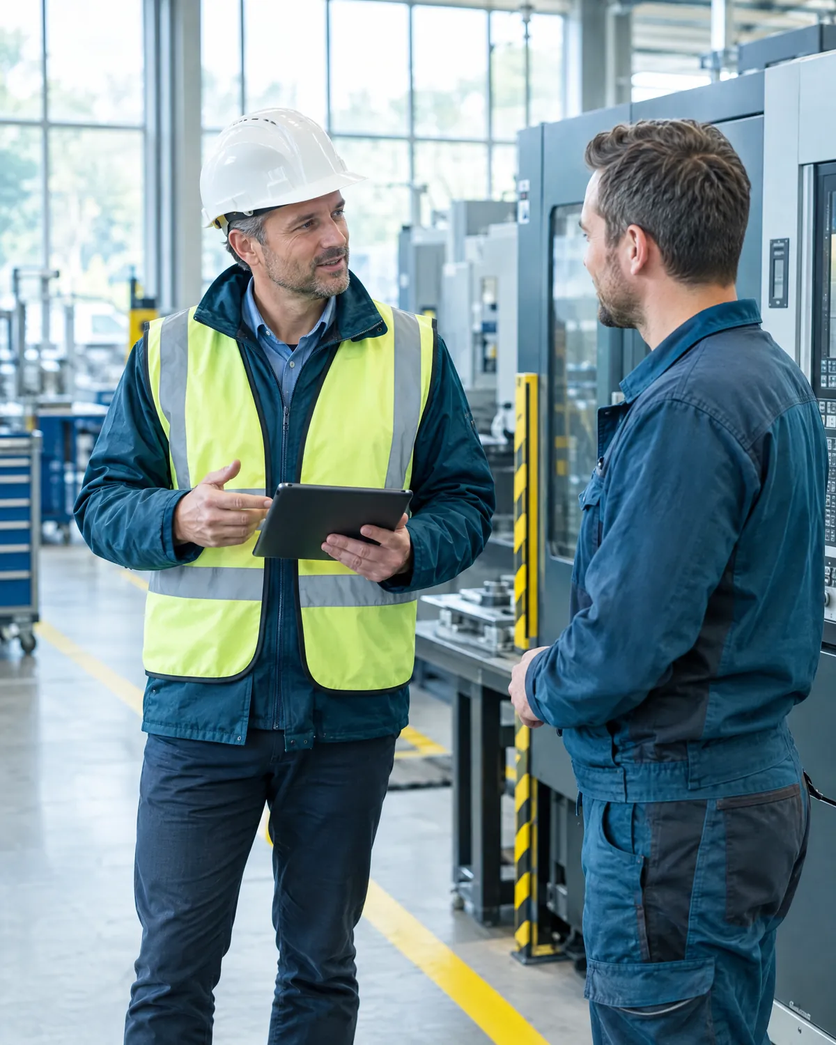Fachkraft für Arbeitssicherheit mit Tablet im Gespräch mit einem Mitarbeiter in einer Produktionshalle